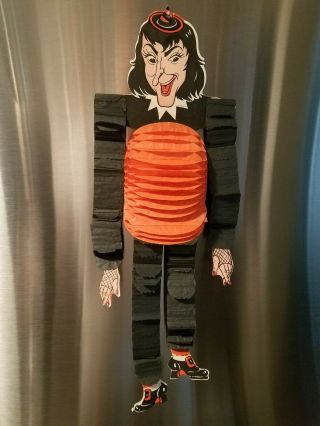 Vintage Halloween 1950s Beistle Smiling Witch Cutout With Orange Honeycomb Body