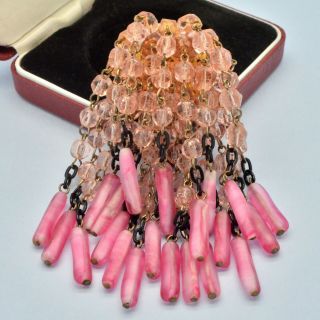 Vintage Brooch 1950s Large Pink Crystal & Glass Drops Goldtone Bridal Jewellery