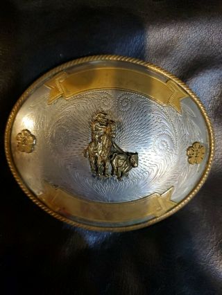 Vtg Tony Lama German Silver & Bronze Western Trophy Belt Buckle Calf Rope