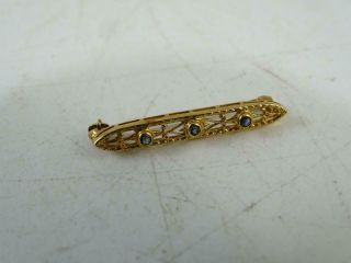 Antique Art Deco Sapphire Filigree Pin Brooch Bar 14k Solid Yellow Gold Vintage