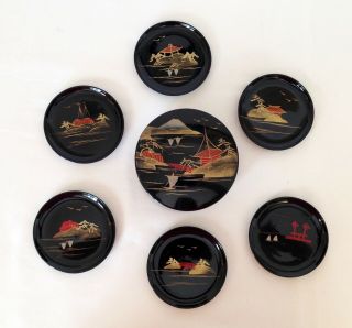 Vintage Black Lacquer Japanese Box With 6 Coasters Handpainted