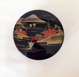VINTAGE BLACK LACQUER JAPANESE BOX WITH 6 COASTERS HANDPAINTED 2