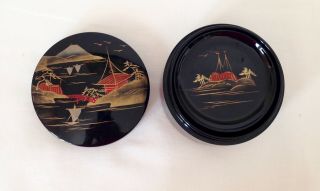 VINTAGE BLACK LACQUER JAPANESE BOX WITH 6 COASTERS HANDPAINTED 3