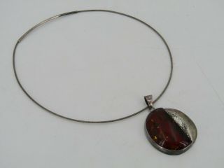 Vintage Sterling Silver Brutalist Amber Pendant Choker Necklace 5