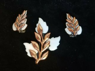 Vintage Matisse Renoir Copper & White Enamel Laurel Leaf Brooch & Earrings