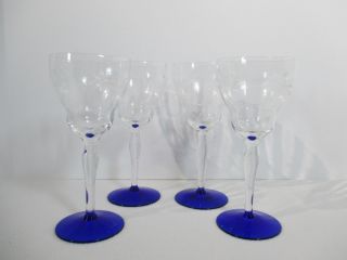 Weston Glass Wine Goblet Etched Star Flower Cobalt Blue Base Vintage Set Of 4