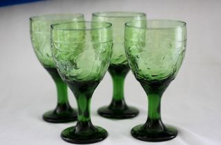 Vintage Libbey Rock Sharp Green Glass Garden Vine Pattern Goblets Set Of 4