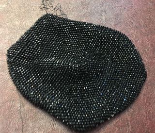 Vintage French Black Glass Seed Bead Sewn Round Woven Semi Stretch Embellishment
