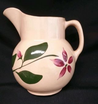 Vintage Watt U.  S.  A.  Pottery Pitcher Green Leaves And 5 Petal Flower