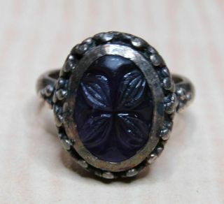 Sterling Silver Jewelry Ring Vintage Purple Carved Stone Glass Flower Beaded