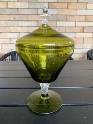 Vintage Green Art Glass Lidded Compote Apothecary Jar