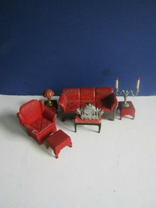 Vtg Tootsie Toy Doll House Furniture Red Living Room Furniture Lamps