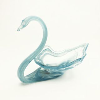 Vintage Murano Art Glass Swan Bowl Centerpiece Pale Ice Blue Swirl 2