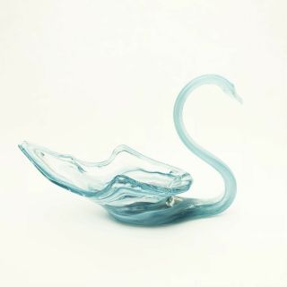 Vintage Murano Art Glass Swan Bowl Centerpiece Pale Ice Blue Swirl 4