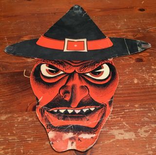 Vintage Scary Spooky Witch Face Halloween Decoration Die Cut Beistle Well Loved