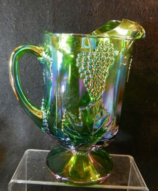 Vintage Green Carnival Glass Footed Pitcher,  Embossed Grapes & Leaves Design,  A,