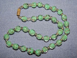 Vintage Art Deco Green & Aventurine Swirl Glass Necklace Czech 1930 