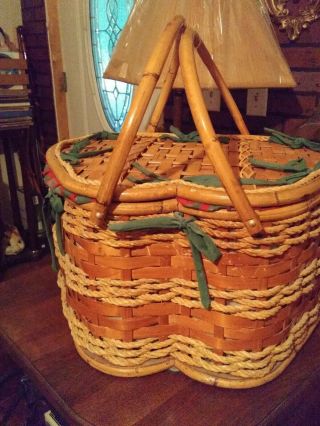 Large Vintage Apple Shaped Wicker/rope Basket Lid Handles Fabric Quilted Lined