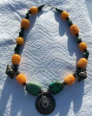 Vintage Sterling Silver Bakelite Butterscotch Amber Turquoise Bead Necklace 25”