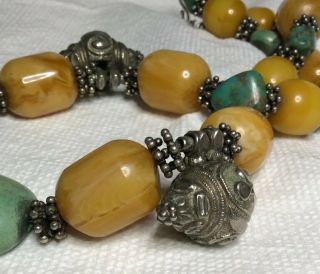 VINTAGE STERLING SILVER BAKELITE BUTTERSCOTCH AMBER TURQUOISE BEAD NECKLACE 25” 8