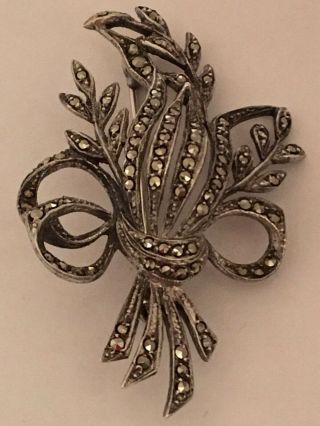 Antique Vintage Sterling Silver 925 Marcasite Bow Brooch Pin Marcasites Soldere