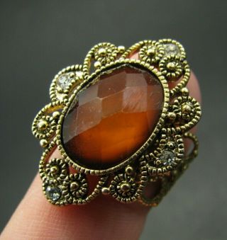 Vintage Gold Tone Filigree Ring Amber Shimmer Large Paste Stone Crystal 5/6/7/8