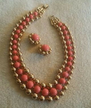 Vtg Napier Coral/ Gold Tone Rare 3 Strand Necklace/ Choker & Clip Earrings Set