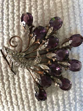 Vintage Jewelry Sterling Silver Amethyst Peacock Pin I 