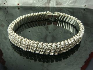 Vintage 3 Row Clear Rhinestone Silver Tone Expandable Choker Necklace 12 " To 18 "