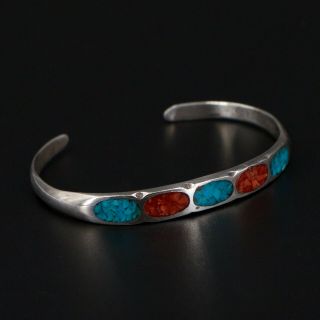 Vtg Sterling Silver - Navajo Coral Turquoise Inlay 6.  25 " Cuff Bracelet - 12g