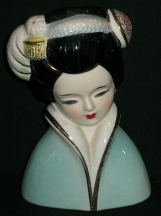 Vintage Asian Lady Head Vase Planter Make Up Brush Holder Turquoise Color