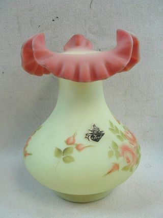 Vintage Fenton Art Glass Burmese Satin Ruffled Vase Hand Painted Signed