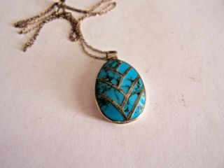 Vintage Southwestern Inlaid Turquoise & Sterling Silver Pendant Necklace