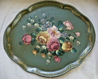 Vintage Toleware Metal Tray Hand Painted Flowers On Green 17 " X 14 "