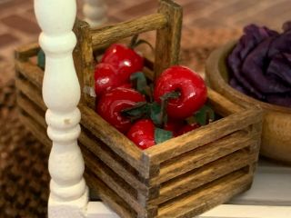 Vintage Miniature Dollhouse Artisan Wood Crate Handle Basket Of Shiny Red Apples