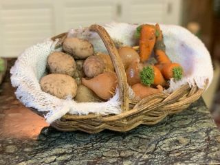 Vintage Miniature Dollhouse Artisan Farm Basket White Linen Carrots Yams Potato