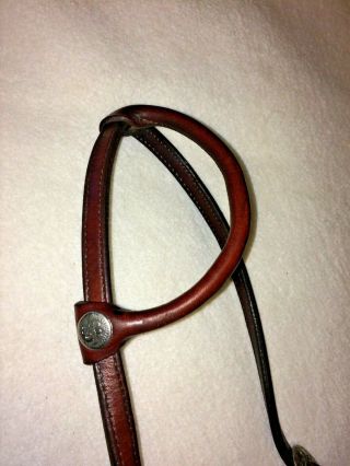 Vintage Circle Y Rolled Ear Horse Show Headstall With Silver Buckles And Conchos