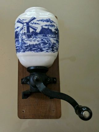 Vintage Kitchen Cabinet Wall Mount Coffee Hand Grinder Dutch Windmill White Blue