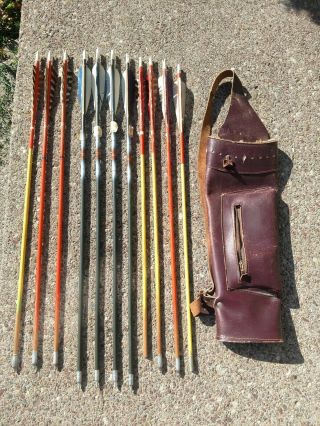 Vintage Traditional Archery Quiver W/ 11 Wood Arrows Salvage Recurve