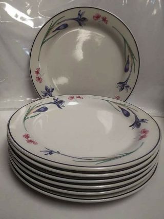 7 Vintage Forever Spring Stoneware Blue Trim & Iris Pink Pansies Dinner Plates