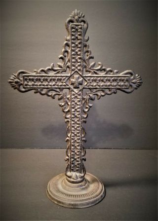 Vintage Ornate Cast Iron Cross On Footed Base Rustic