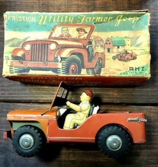 Rare Ahi Friction Utility Farmer Jeep Vintage Japan Tin Toy Car,  Box