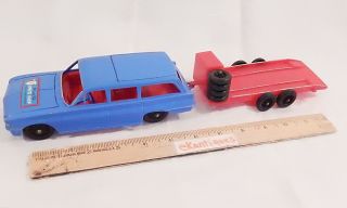 Vintage Processed Plastics Blue Station Wagon & Red Trailer - Extra Wheels L@@k