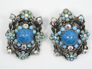 Vintage Faux Turquoise And Aurora Borealis Crystals Large Clip Earrings 2 "