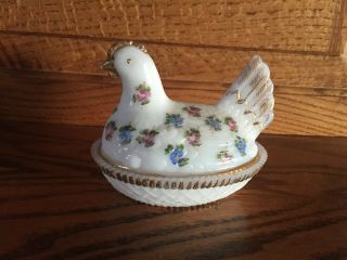 Vintage Hen On A Nest - Milk Glass With Pink/blue Flowers/gold Tone Trim