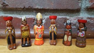 6 Vintage Aztec Mayan Inca ? Clay Miniature Folk Art Painted Figurines - Euc