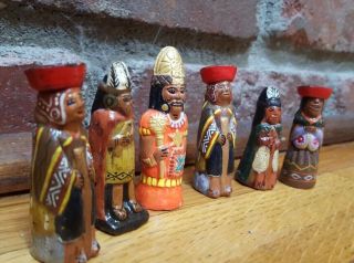 6 VINTAGE AZTEC MAYAN INCA ? CLAY MINIATURE FOLK ART PAINTED FIGURINES - EUC 5