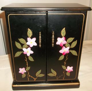 Vtg Mele Wood Jewelry Box 4 Drawer Tall Armoire,  Necklace Wheel