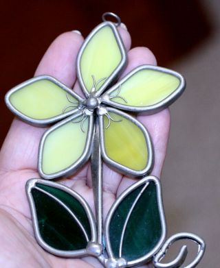 Vintage Stained Glass Window Ornament Sun Catcher Yellow Flower Green Leaves