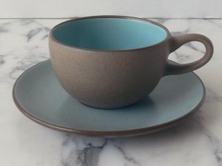 Vtg Heath Cup & Saucer Aqua Blue,  Chocolate Brown Mid - Century California Pottery